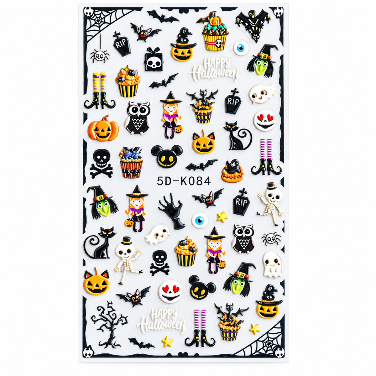 5D Halloween Nail Art Stickers, Pumpkin Ghost Witch Skeleton Skull Bat Cat Raised Self-Adhesive Nail Decals for Acrylic Gel Natural Nails
