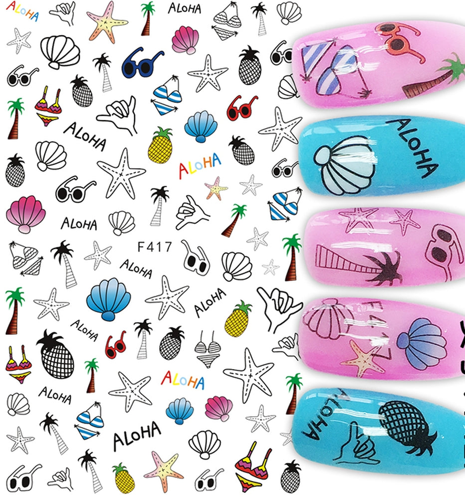 Aloha Tropical Nail Art Stickers, Palm Tree Pineapple Starfish Seashell Beach Self-Adhesive Nail Decals for Acrylic Gel Natural Nails