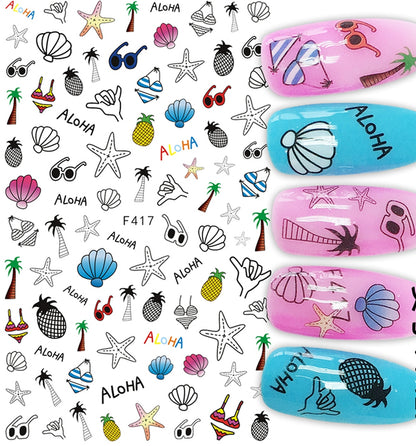 Aloha Tropical Nail Art Stickers, Palm Tree Pineapple Starfish Seashell Beach Self-Adhesive Nail Decals for Acrylic Gel Natural Nails