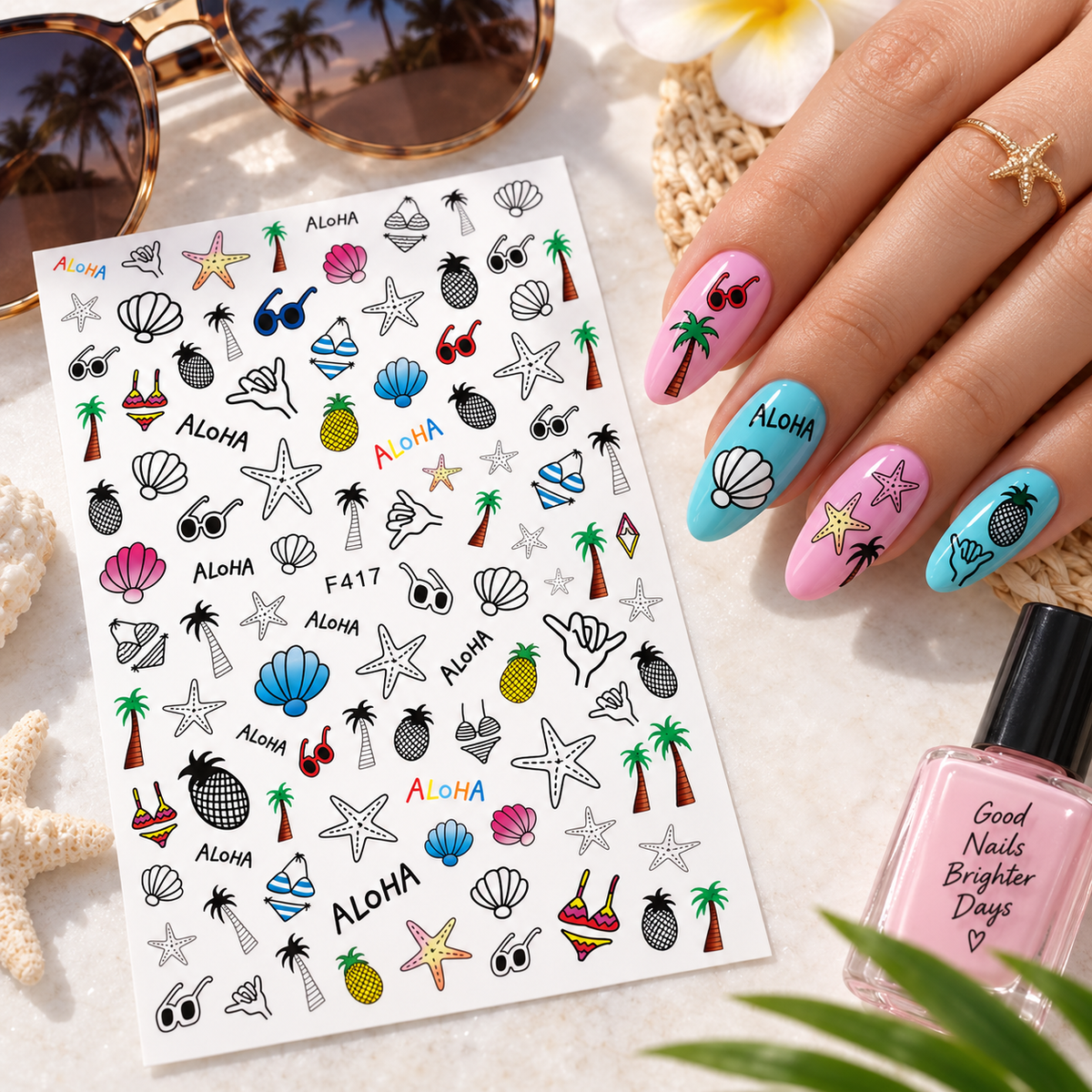 Aloha Tropical Nail Art Stickers, Palm Tree Pineapple Starfish Seashell Beach Self-Adhesive Nail Decals for Acrylic Gel Natural Nails