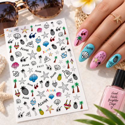 Aloha Tropical Nail Art Stickers, Palm Tree Pineapple Starfish Seashell Beach Self-Adhesive Nail Decals for Acrylic Gel Natural Nails
