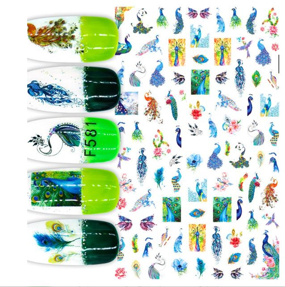 Peacock Nail Art Stickers, Feather Floral Butterfly Bird Self-Adhesive Nail Decals for Acrylic Gel Natural Nails, Elegant Colorful Manicure