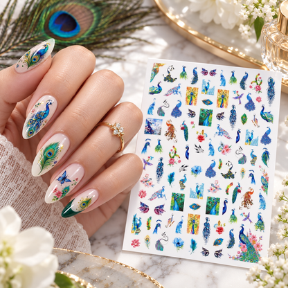 Peacock Nail Art Stickers, Feather Floral Butterfly Bird Self-Adhesive Nail Decals for Acrylic Gel Natural Nails, Elegant Colorful Manicure