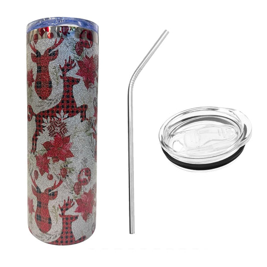 Sparkling Reindeer Christmas Tumbler 20 oz with Metal Straw – Silver Glitter Holiday Travel Cup – Handmade Gift/Gobelet de Noël Brillant 20 oz avec Paille Métallique
