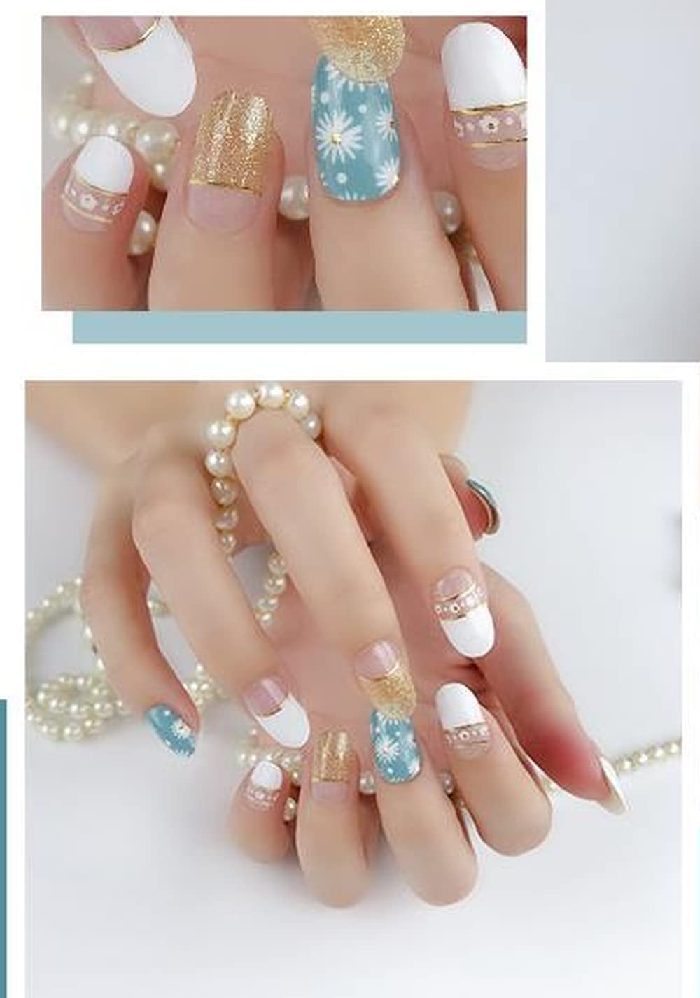 14 White Manicure Inspired Floral Design Very Classy Gold Outline with Gold Glitter and Very Cute Flower This Scream Summer