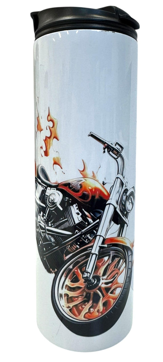 20oz Isothermic Tumbler with Double-Sip Lid – Fiery Motorcycle Skull “Ride to Live Live to Ride” Design, Stainless Steel Travel Cup/Gobelet isothermique 20 oz Moto tête de Mort feu Biker