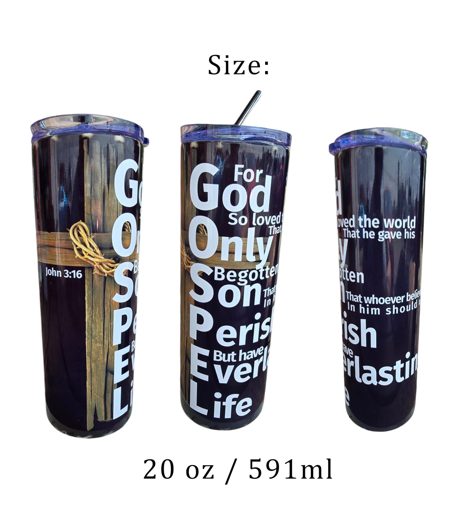 Handmade 20oz Black Insulated Tumbler – John 3:16 “Gospel” Scripture with Cross – Includes Matching Coaster – Christian Gift Mug – Cadeau Chrétien