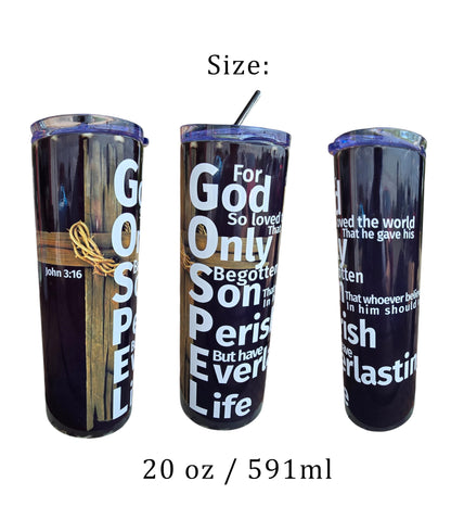 Handmade 20oz Black Insulated Tumbler – John 3:16 “Gospel” Scripture with Cross – Includes Matching Coaster – Christian Gift Mug – Cadeau Chrétien