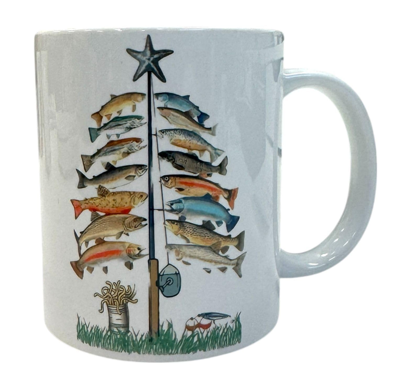 Merry Fishmas Ceramic Mug 12oz with Double-Sided Wooden Coaster | Funny Fishing Christmas Gift Set | Mug + Coaster Bundle – Tasse de Noël Pêcheur