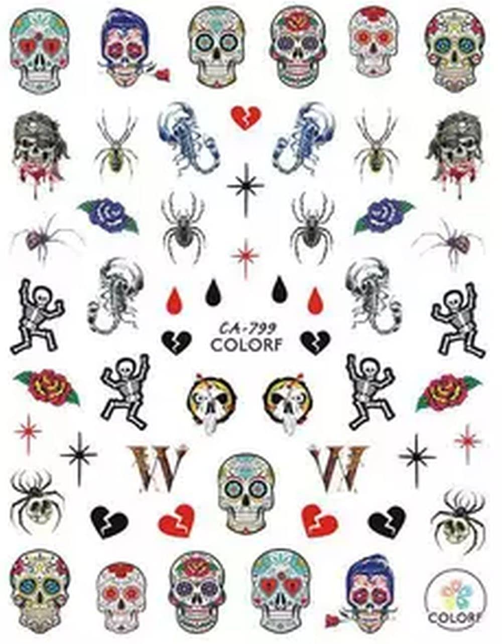 Halloween Nail Art Decals – Skeleton, Spider, Skull, Mouth, Heart & Scorpio – 1 Sheet | Autocollants pour ongles Halloween – Tête de mort, araignée, squelette, bouche, cœur, scorpion