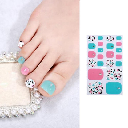 White Turquoise and Pink Paint Splatter Toe Nail Art Wraps with Rhinestones