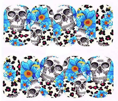Sheet of Skull Stickers with Flowers and Leopard Cheetah Print Nail Decal Punk Gothic Rockabilly Skull Nail Wrap Decals Sticker Salon Quality Nail Art - Great for Halloween!