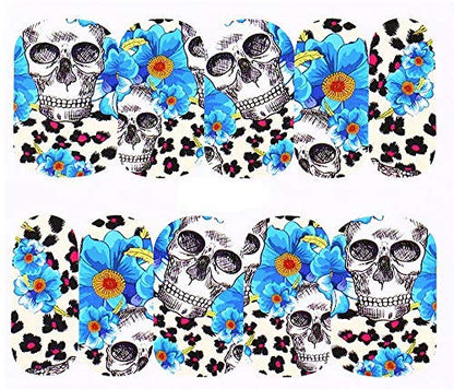 Sheet of Skull Stickers with Flowers and Leopard Cheetah Print Nail Decal Punk Gothic Rockabilly Skull Nail Wrap Decals Sticker Salon Quality Nail Art - Great for Halloween!