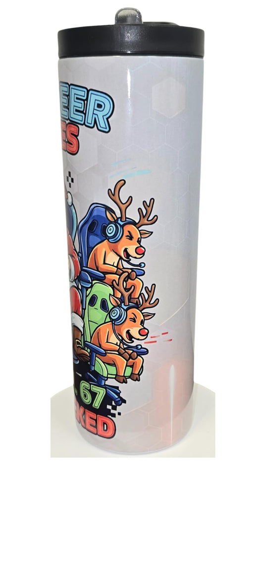 20oz Isothermic Tumbler with Straw Lid – Viral “Reindeer Games Level 67 Unlocked” Santa Design Handmade Sublimation/Gobelet Isothermique 20oz Paille Père Noël Renne Artisan