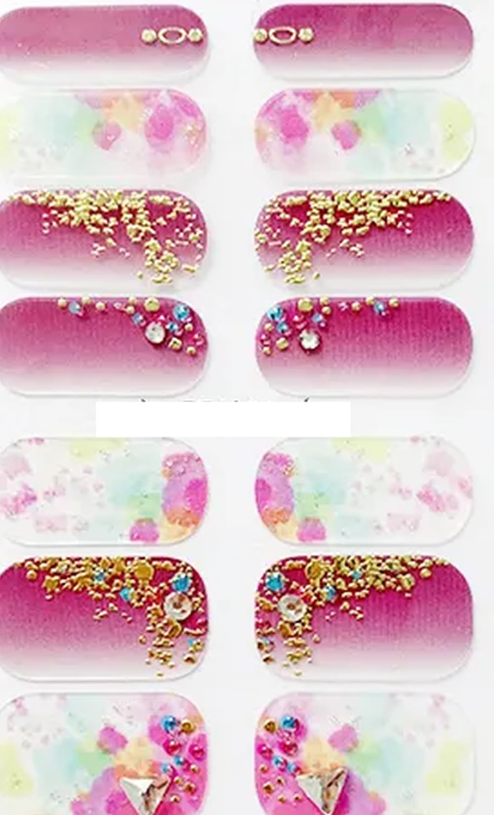 Ombre Metallic Watercolor Nail Wraps with Rhinestones, Gold Foil, and Glitter in Purple and Pink Green Orange - Perfect for Stunning Nail Art Designs!
