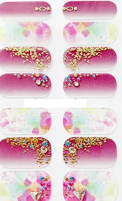 Ombre Metallic Watercolor Nail Wraps with Rhinestones, Gold Foil, and Glitter in Purple and Pink Green Orange - Perfect for Stunning Nail Art Designs!