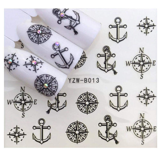 Nautical Navy Black Anchor Ship Compass Marine Wrap Decals Sticker Salon Quality Nail Art - 1 Sheet