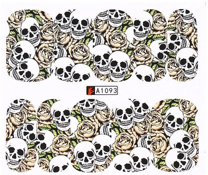 4 Full Sheet Skull of Assorted Water Nail Decal Punk Gothic Rockabilly Skull Nail Wrap Decals Sticker Salon Quality Nail Art - Great for Halloween!