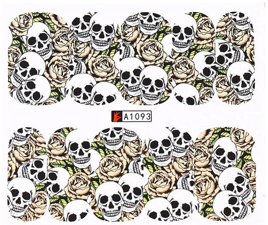 4 Full Sheet Skull of Assorted Water Nail Decal Punk Gothic Rockabilly Skull Nail Wrap Decals Sticker Salon Quality Nail Art - Great for Halloween!