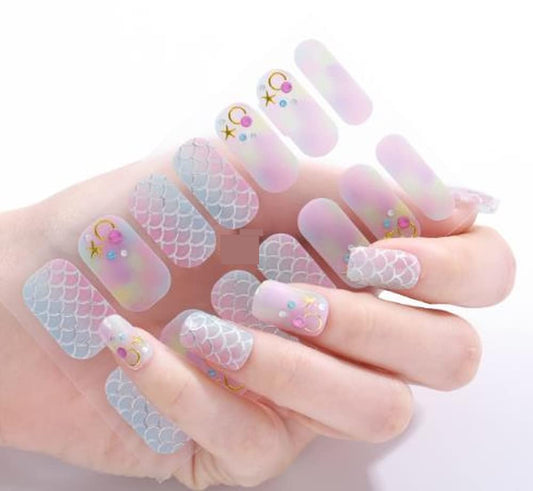 Under The Sea Mermaid Inspired Fingernail Art Wrap Mermaids Tail Stars with Rhinestones Pink Yellow Purple Blue