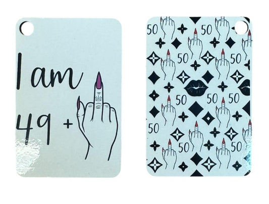 Handmade 15oz White Ceramic Mug – Funny “I AM 49 + Middle Finger = 50” with Pink Nails – Includes Matching Coaster & Keychain – Gag Birthday Gift for Women