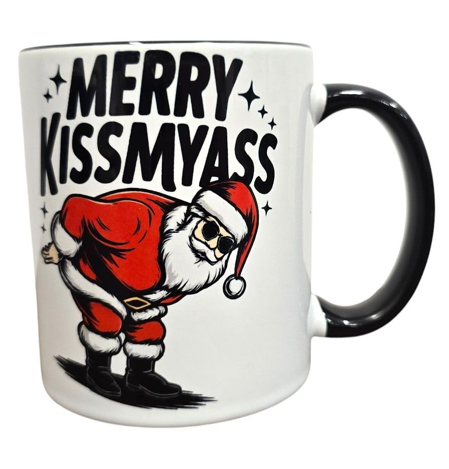 Christmas Mug & Coaster Set – 12 oz “Merry Kiss My Ass/I Do It for The Ho’s” Design – Handmade Holiday Gag Gift/Ensemble Tasse et Sous-verre humoristique de Noël 12 oz – Cadeau drôle fait Main