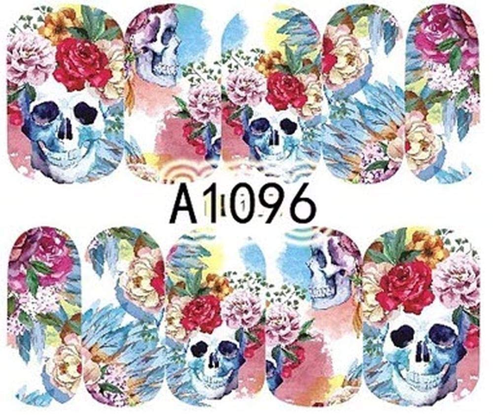 Sheet of Skull Stickers with Flowers Watercolor Phychedelic Effects Nail Decal Punk Gothic Rockabilly Skull Nail Wrap Decals Sticker Salon Quality Nail Art - Great for Halloween!