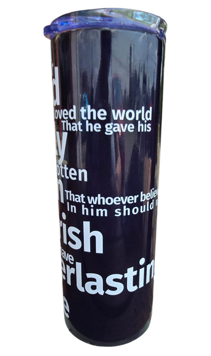 Handmade 20oz Black Insulated Tumbler – John 3:16 “Gospel” Scripture with Cross – Includes Matching Coaster – Christian Gift Mug – Cadeau Chrétien
