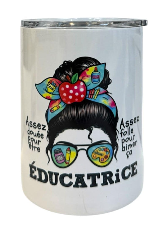 Handmade 11oz White Educator Tumbler with Metal Straw – “Éducatrice” Child Care Appreciation Gift, Insulated Stainless Steel Cup/Gobelet Blanc d’éducatrice 11 oz Paille métal garderie éducatrice