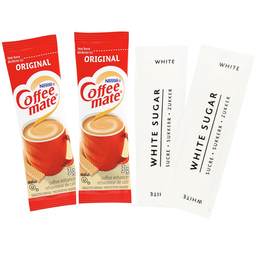 8 oz Black Ripple Coffee Cups and Lids - Coffee Creamer & Sugars Bundle - 25 each White Sugar packets, Raw Sugar packets, Sweet & Low, wood stick, Coffee Mate Original Creamer