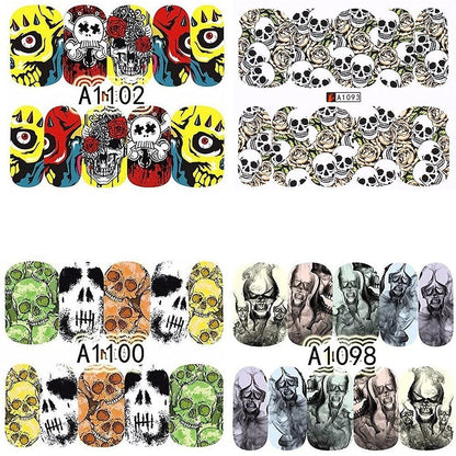 4 Full Sheet Skull of Assorted Water Nail Decal Punk Gothic Rockabilly Skull Nail Wrap Decals Sticker Salon Quality Nail Art - Great for Halloween!