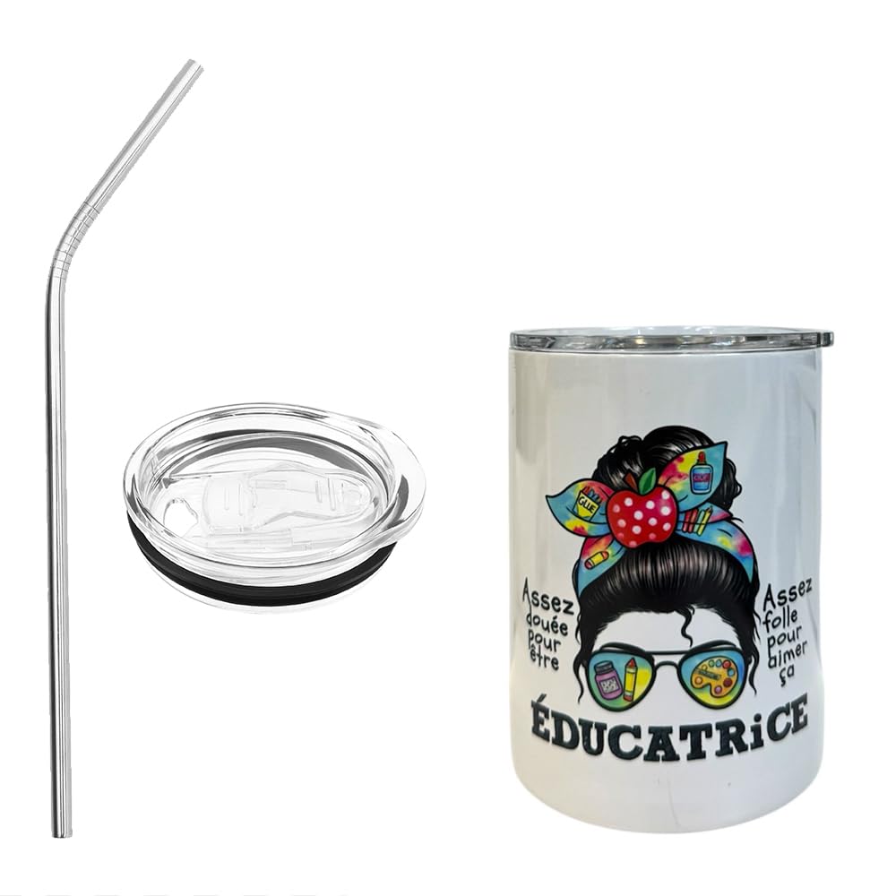 Handmade 11oz White Educator Tumbler with Metal Straw – “Éducatrice” Child Care Appreciation Gift, Insulated Stainless Steel Cup/Gobelet Blanc d’éducatrice 11 oz Paille métal garderie éducatrice