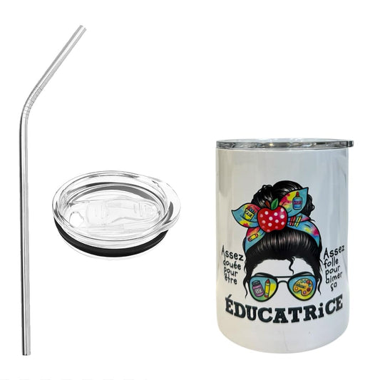 Handmade 11oz White Educator Tumbler with Metal Straw – “Éducatrice” Child Care Appreciation Gift, Insulated Stainless Steel Cup/Gobelet Blanc d’éducatrice 11 oz Paille métal garderie éducatrice