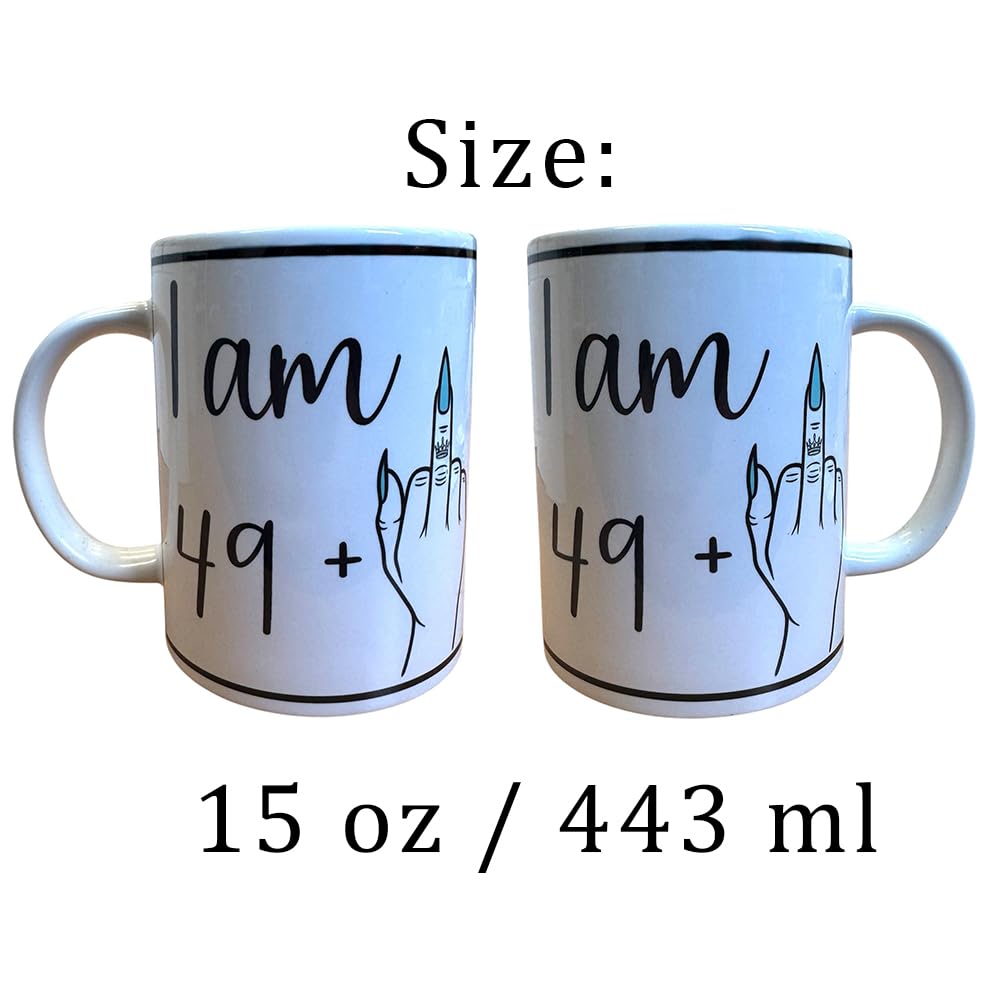 Handmade 15oz White Ceramic Mug – Funny “I AM 49 + Middle Finger = 50” with Turquoise Nails – Includes Matching Coaster & Keychain – Gag Birthday Gift for Women