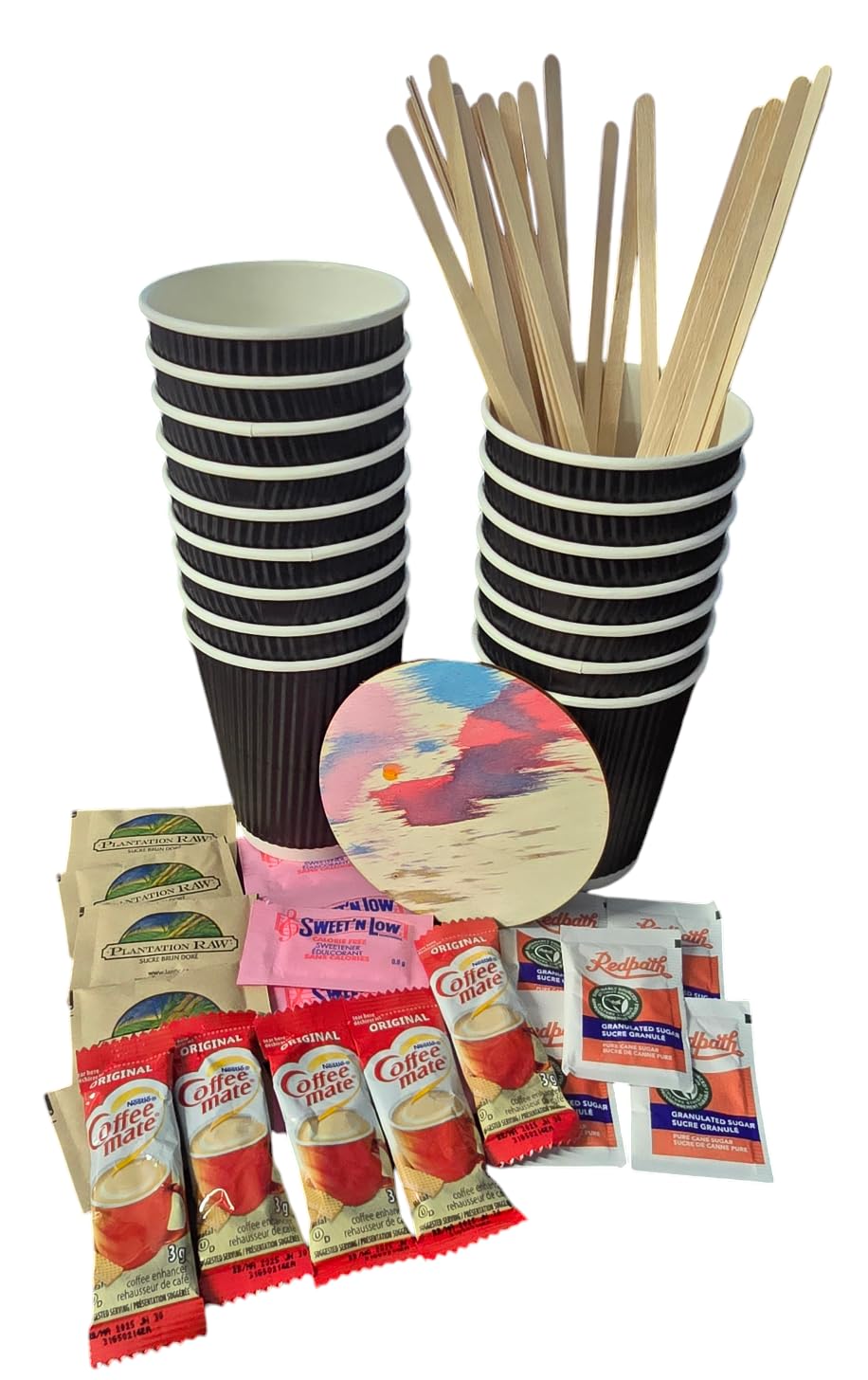 8 oz Black Ripple Coffee Cups and Lids - Coffee Creamer & Sugars Bundle - 25 each White Sugar packets, Raw Sugar packets, Sweet & Low, wood stick, Coffee Mate Original Creamer
