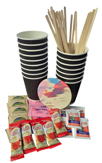 8 oz Black Ripple Coffee Cups and Lids - Coffee Creamer & Sugars Bundle - 25 each White Sugar packets, Raw Sugar packets, Sweet & Low, wood stick, Coffee Mate Original Creamer