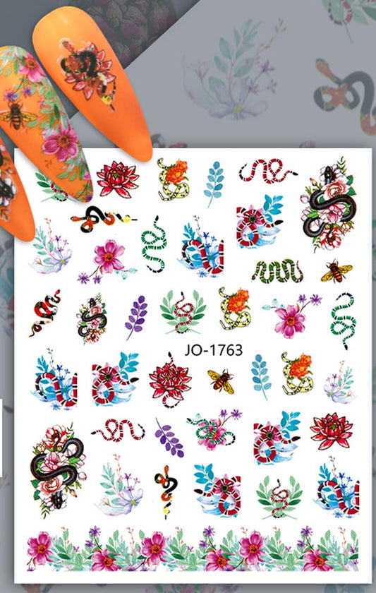 Snakes and Floral Nail Stickers for Fingernail Art - Snakes Coil Snake Flowers Gothic Goth Inspired