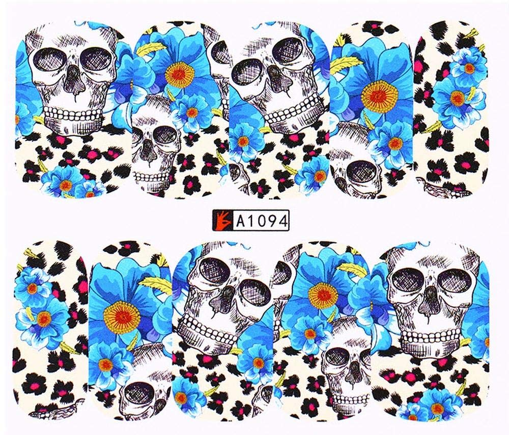 Sheet of Skull Stickers with Flowers and Leopard Cheetah Print Nail Decal Punk Gothic Rockabilly Skull Nail Wrap Decals Sticker Salon Quality Nail Art - Great for Halloween!