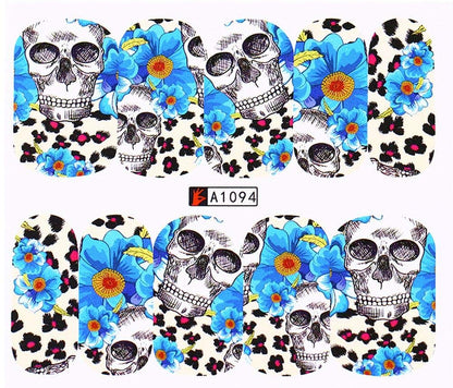 Sheet of Skull Stickers with Flowers and Leopard Cheetah Print Nail Decal Punk Gothic Rockabilly Skull Nail Wrap Decals Sticker Salon Quality Nail Art - Great for Halloween!
