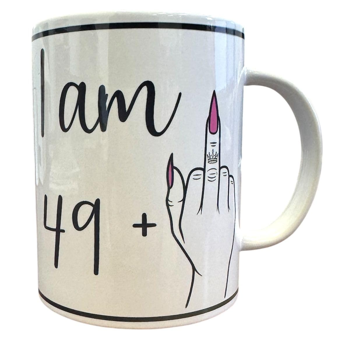 Handmade 15oz White Ceramic Mug – Funny “I AM 49 + Middle Finger = 50” with Pink Nails – Includes Matching Coaster & Keychain – Gag Birthday Gift for Women