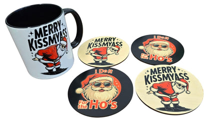 Humorous Christmas Wooden Coasters – 4-Pack Double-Sided Merry Kiss My Ass/I Do It for The Ho’s” Design | Sous-verres en Bois Noël (4 unités) - Cadeau drôle fait Main