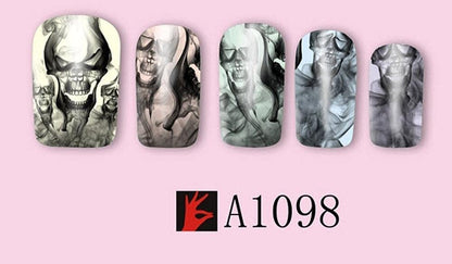 4 Full Sheet Skull of Assorted Water Nail Decal Punk Gothic Rockabilly Skull Nail Wrap Decals Sticker Salon Quality Nail Art - Great for Halloween!