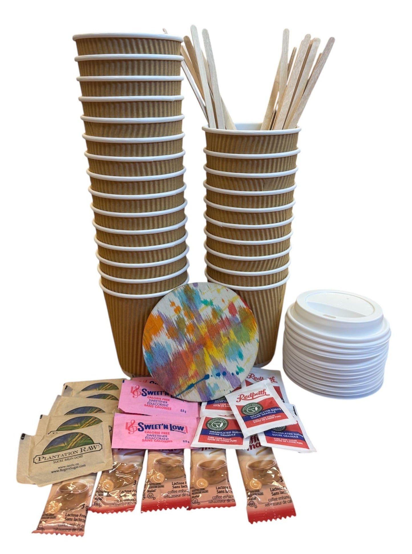 25 ct 8 oz Kraft Ripple Coffee Cups with Lids + Sweetener & Creamer Kit – Includes Sugar, Stir Sticks & Coaster | Gobelets rouges 8 oz avec couvercles + sucre, crème, bâtonnets, dessous-de-verre