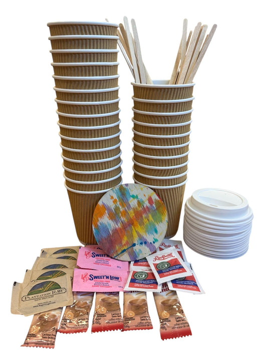 25 ct 8 oz Kraft Ripple Coffee Cups with Lids + Sweetener & Creamer Kit – Includes Sugar, Stir Sticks & Coaster | Gobelets rouges 8 oz avec couvercles + sucre, crème, bâtonnets, dessous-de-verre