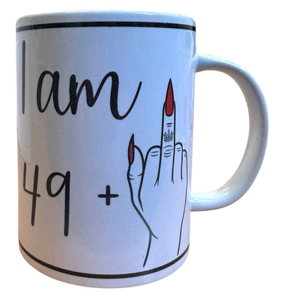 Handmade 15oz White Ceramic Mug – Funny “I AM 49 + Middle Finger = 50” with Red Nails – Includes Matching Coaster & Keychain – Gag Birthday Gift for Women