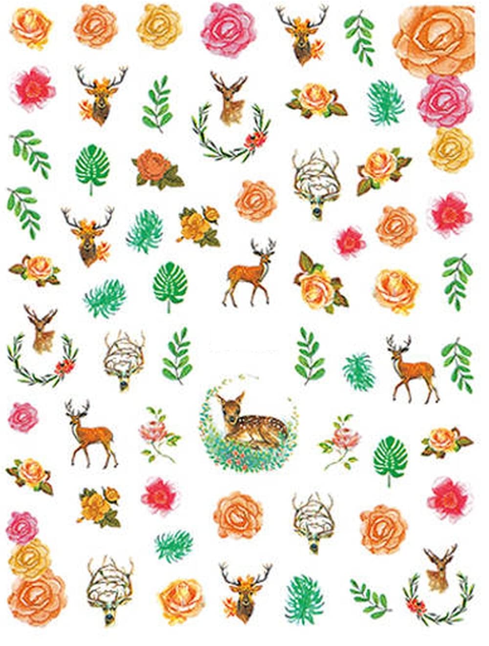 Deer and Nature Inspired Different Assortment of Roses Leaves and Flowers Along with Bambi Deers and Antlers Buck
