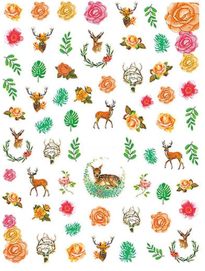 Deer and Nature Inspired Different Assortment of Roses Leaves and Flowers Along with Bambi Deers and Antlers Buck