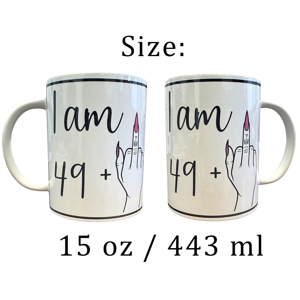Handmade 15oz White Ceramic Mug – Funny “I AM 49 + Middle Finger = 50” with Pink Nails – Includes Matching Coaster & Keychain – Gag Birthday Gift for Women