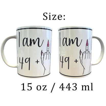Handmade 15oz White Ceramic Mug – Funny “I AM 49 + Middle Finger = 50” with Pink Nails – Includes Matching Coaster & Keychain – Gag Birthday Gift for Women