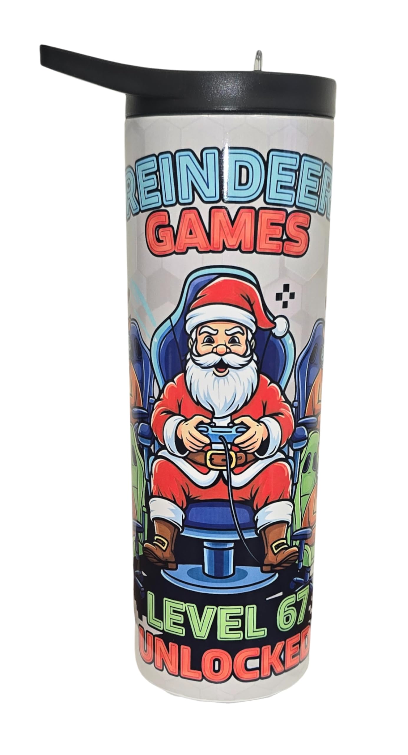 20oz Isothermic Tumbler with Straw Lid – Viral “Reindeer Games Level 67 Unlocked” Santa Design Handmade Sublimation/Gobelet Isothermique 20oz Paille Père Noël Renne Artisan